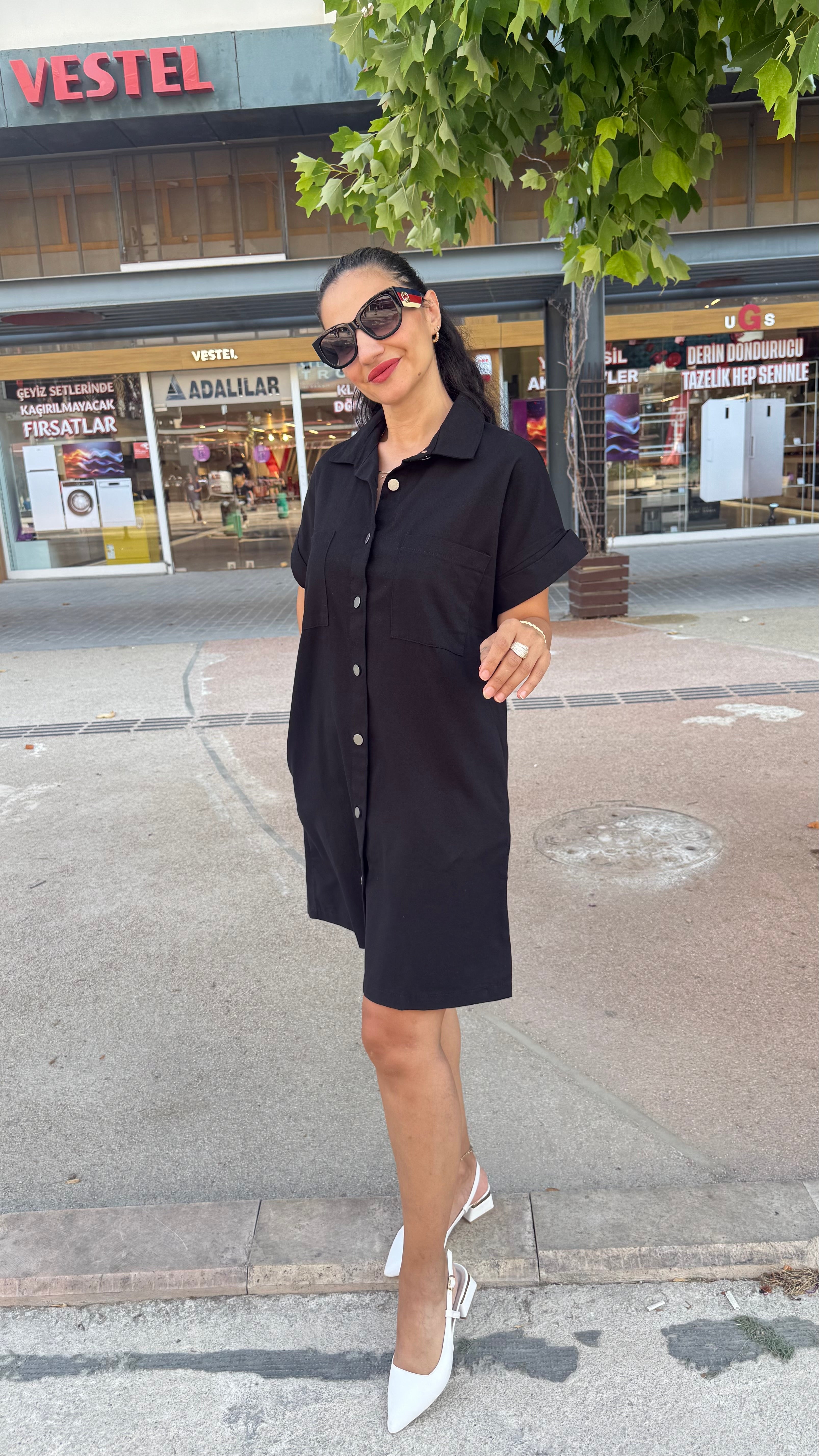 Yıkamalı Gabardin Siyah Elbise