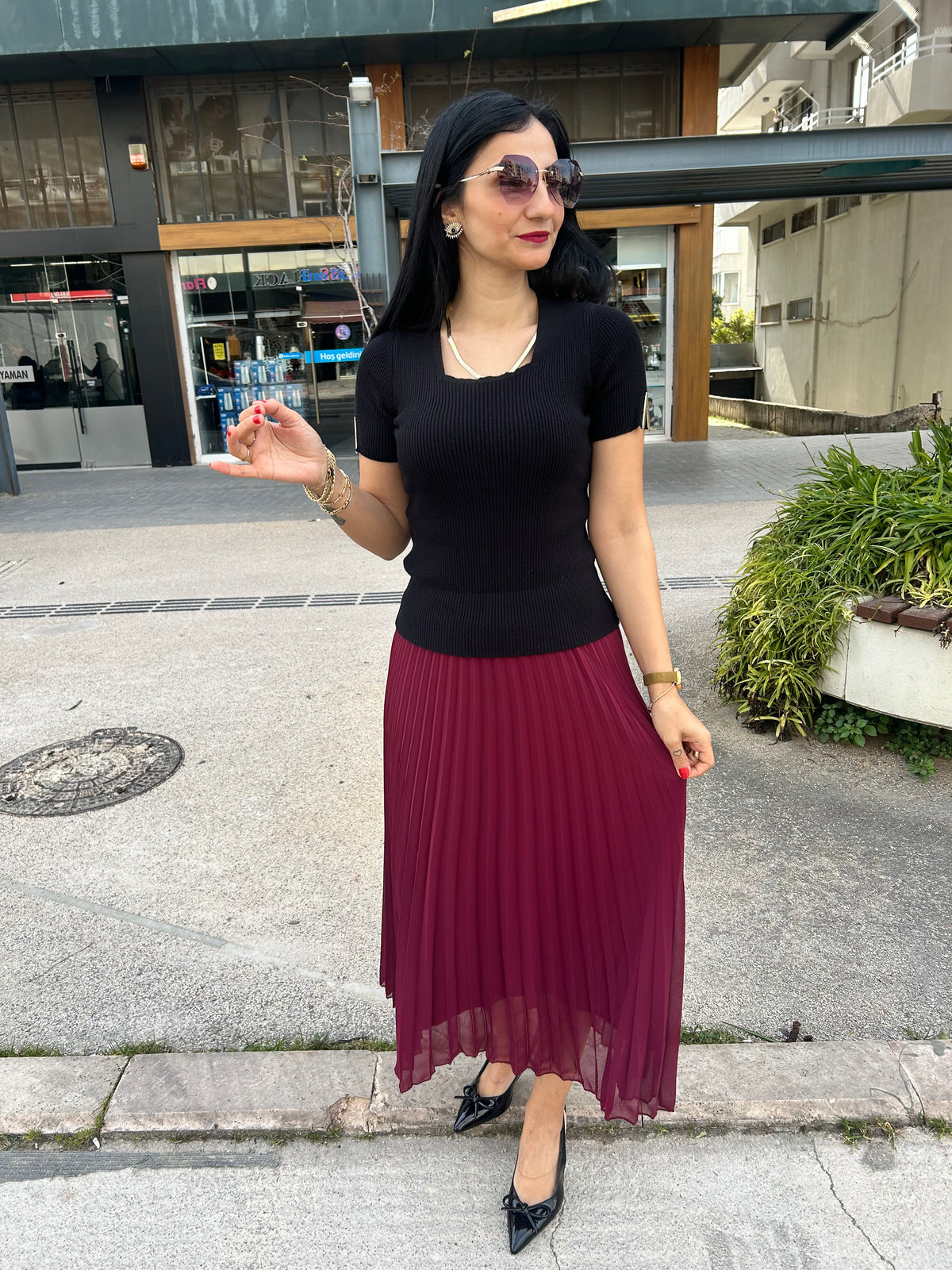 Şifon bordo etek