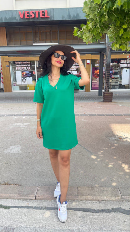 V YAKA YEŞİL MODAL ELBİSE