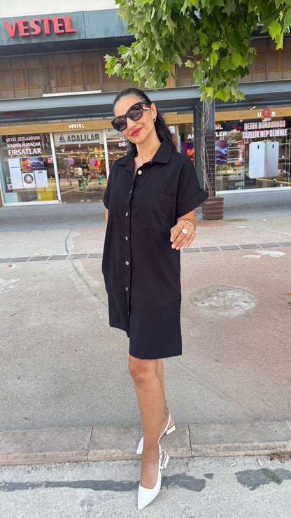 Yıkamalı Gabardin Siyah Elbise