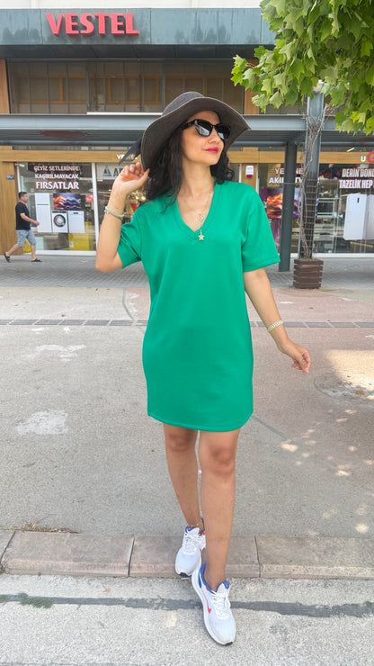 V YAKA YEŞİL MODAL ELBİSE