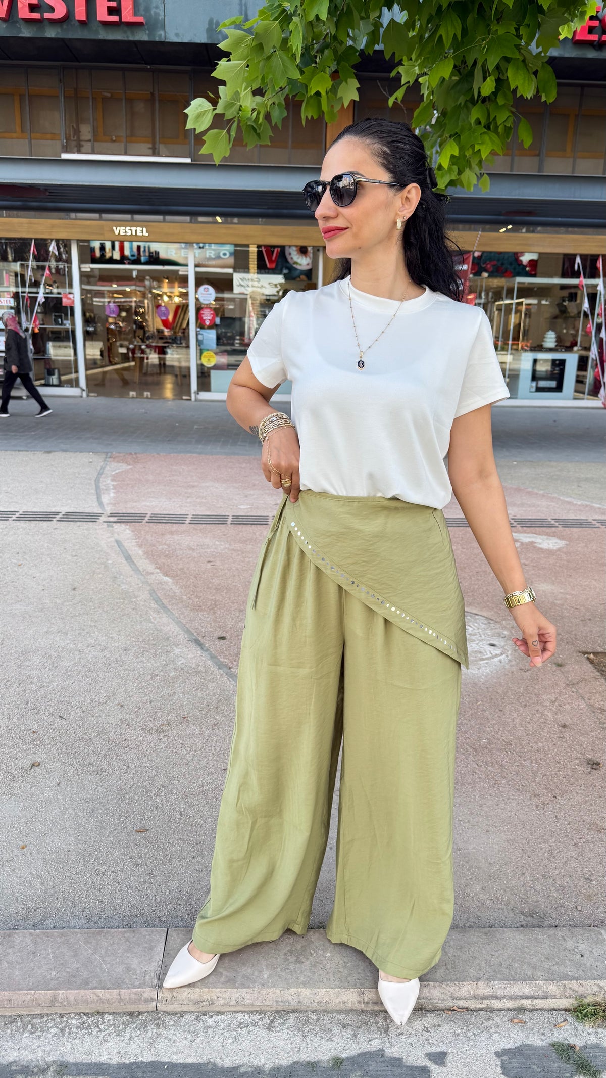 Bağlamalı beli lastikli pantolon yeşil