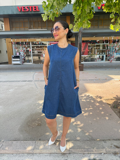 Koyu mavi kot elbise