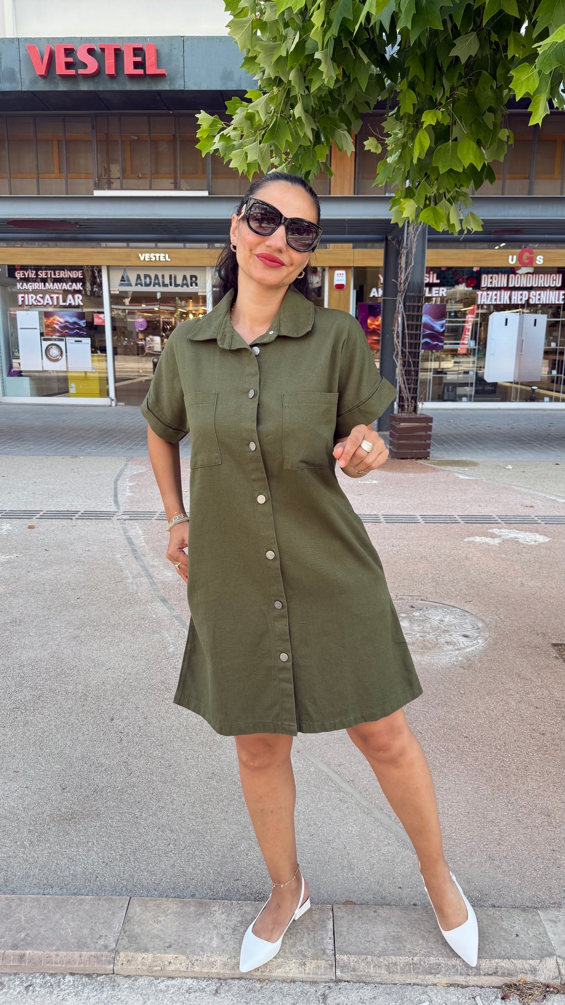 Yıkamalı Gabardin Haki Elbise