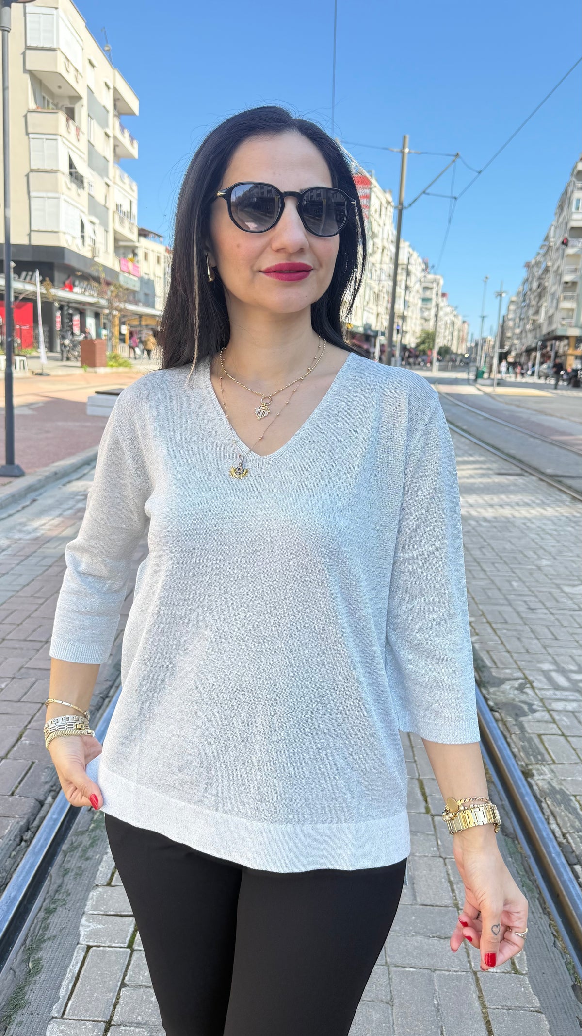 Simli triko gümüş rengi