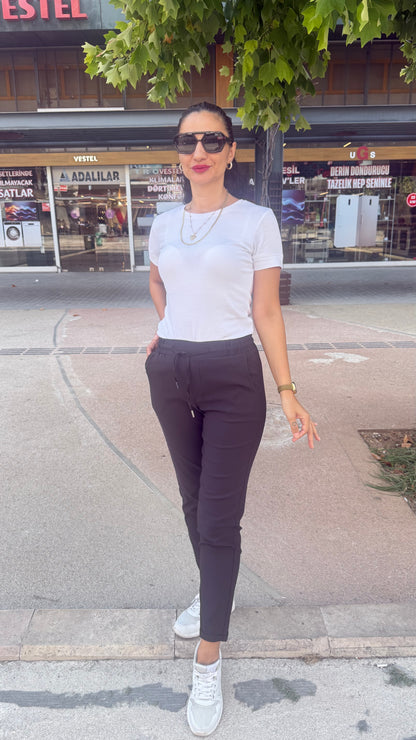 Full likralı paçası kıvrık model pantolon kahverengi
