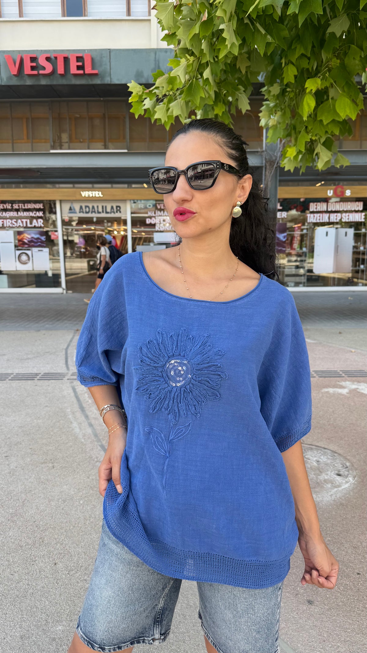 Pamuklu mavi Otantik bluz