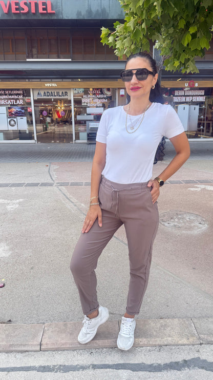 Full likralı paçası kıvrık pantolon vizon