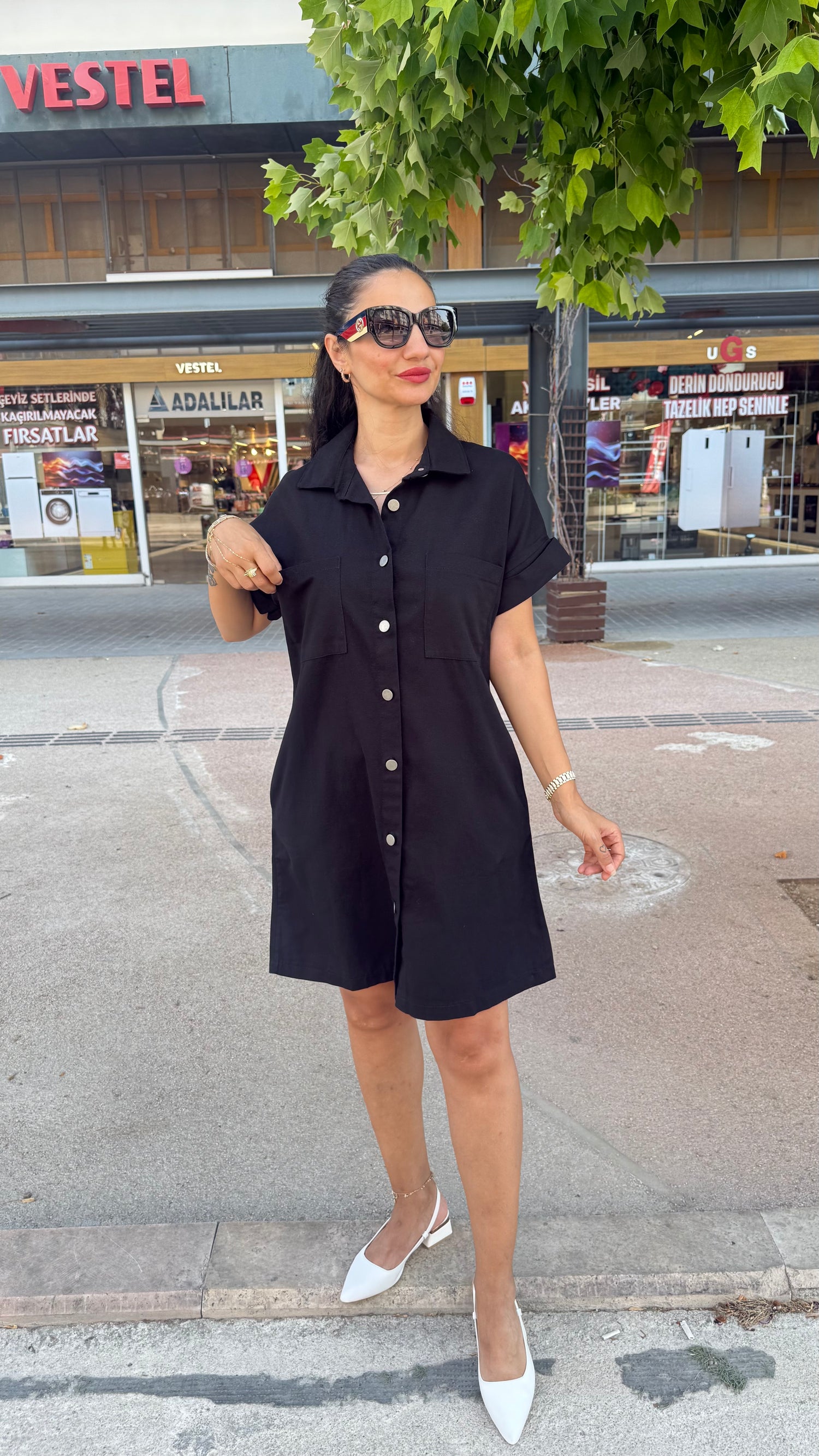 Yıkamalı Gabardin Siyah Elbise