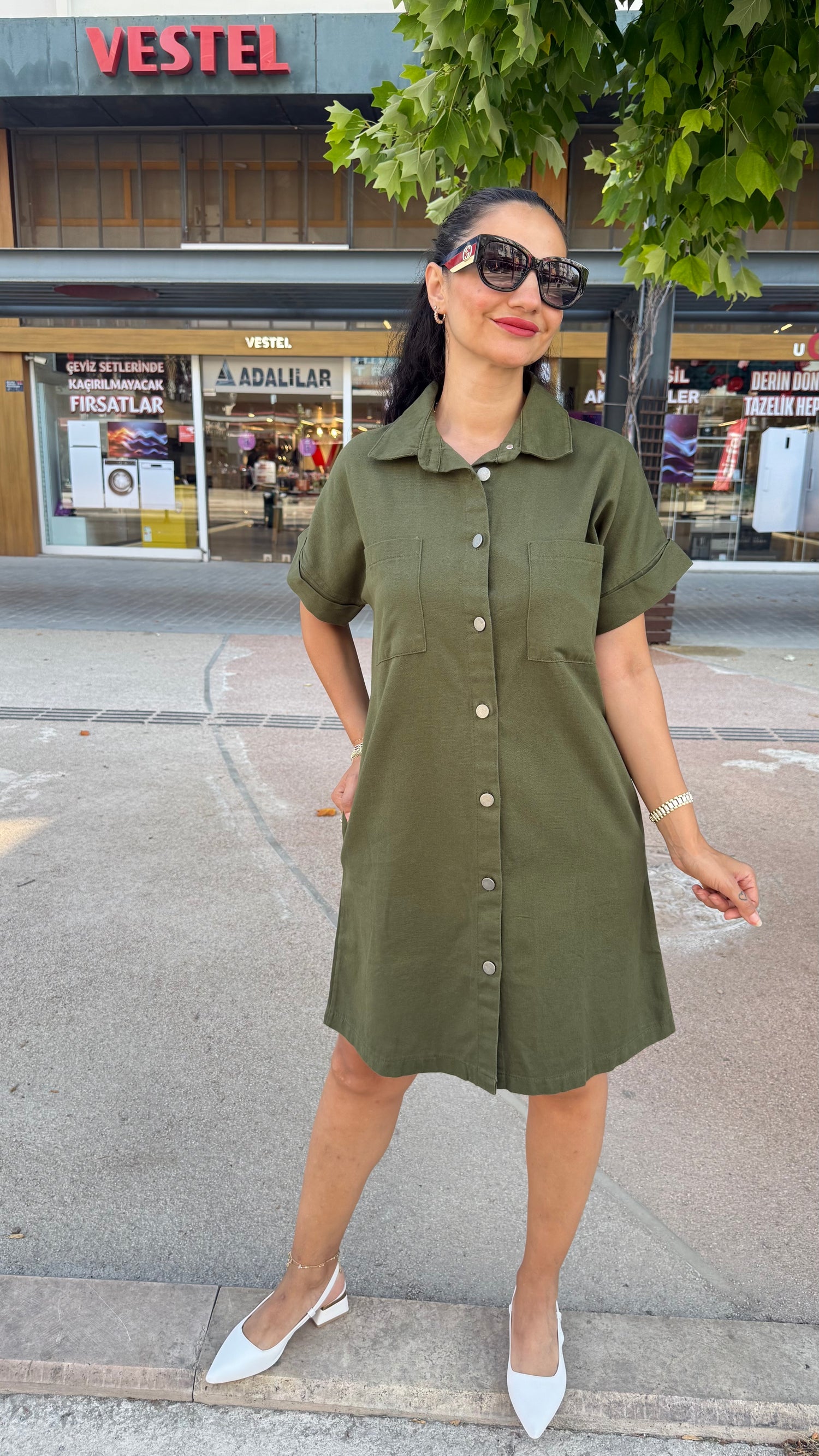 Yıkamalı Gabardin Haki Elbise
