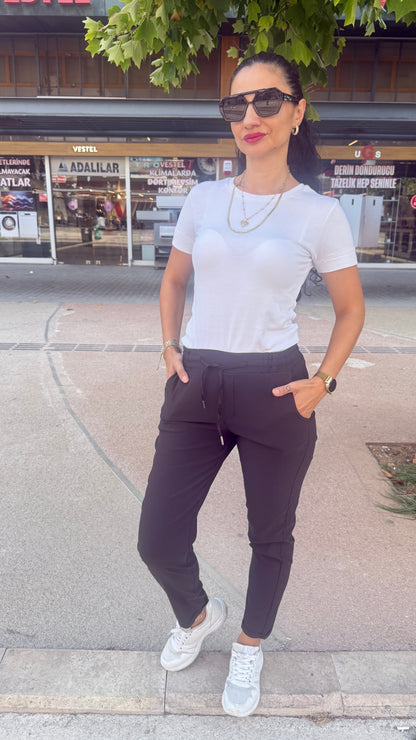 Full likralı paçası kıvrık model pantolon kahverengi