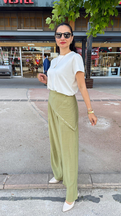 Bağlamalı beli lastikli pantolon yeşil